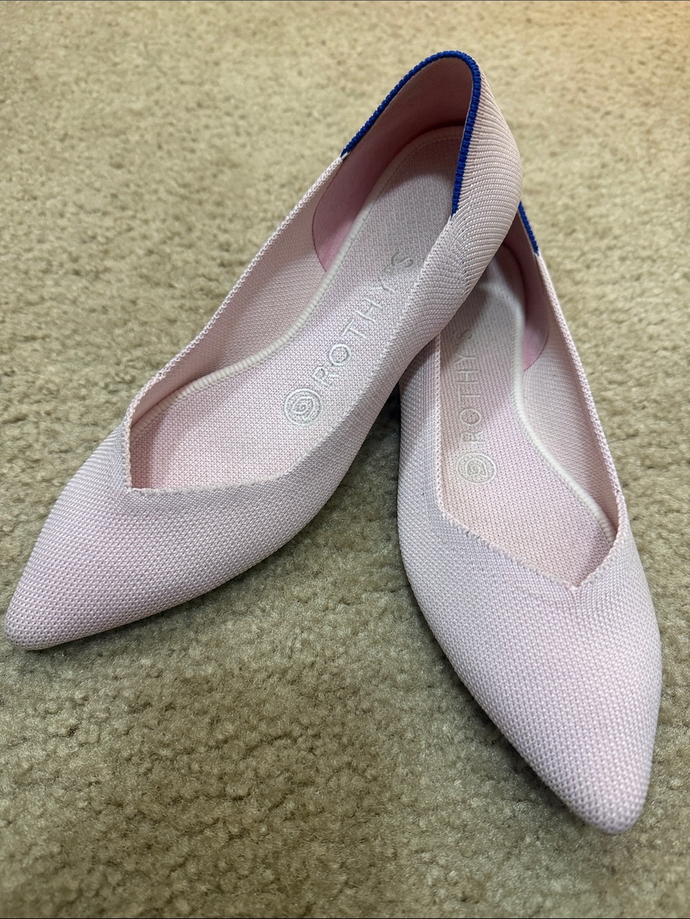 Rothy's Pale Pink Pointed-Toe Flats with Blue Trim